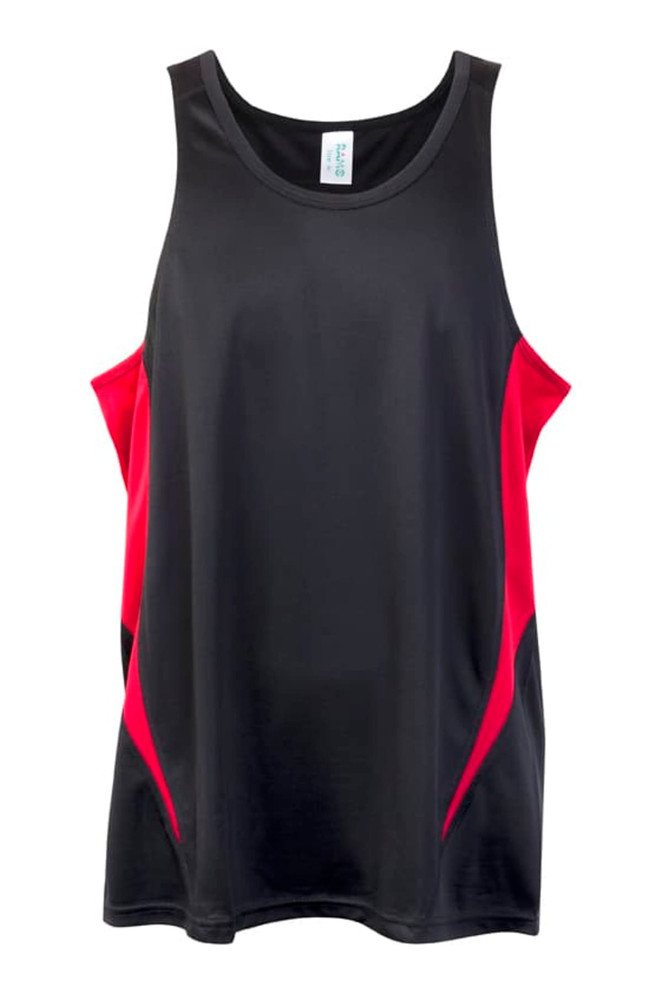 A black and red singlet featuring a sporty design and a logo on the front.