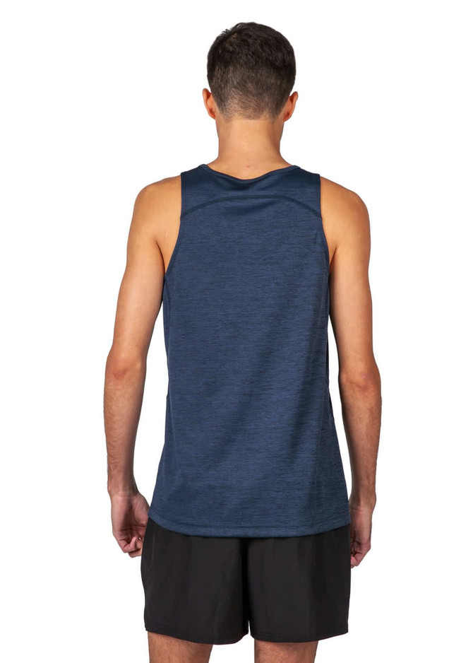 A men's singlet in navy blue, made from 100% polyester, with a logo on the back.