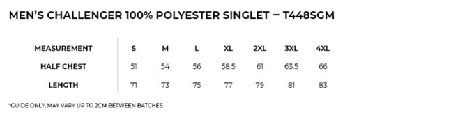 Men's Challenger singlet in various sizes, made from 100% polyester. Features a measuring guide for fit.
