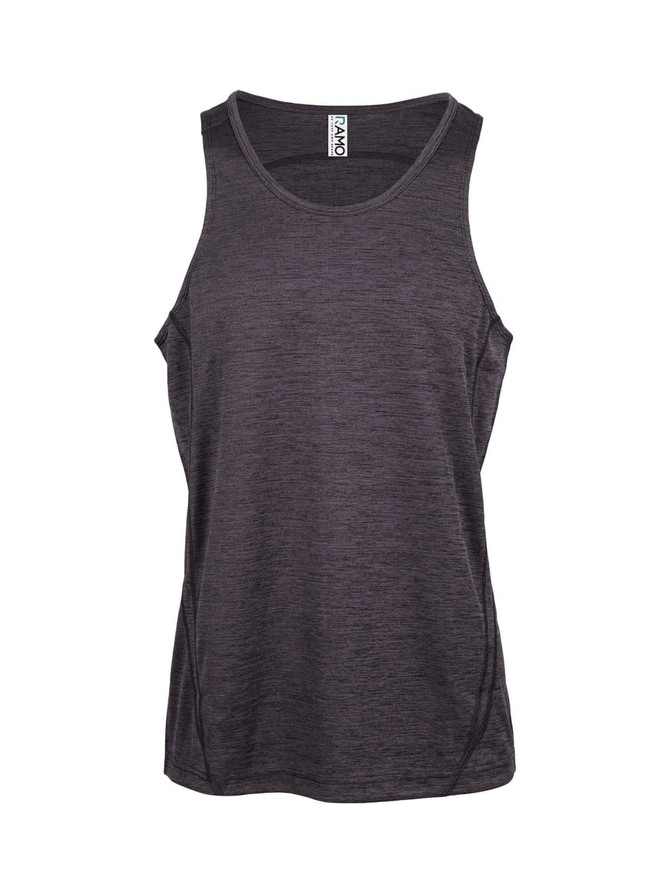 A dark grey singlet made of 100% polyester, featuring a simple design and a logo on the label.