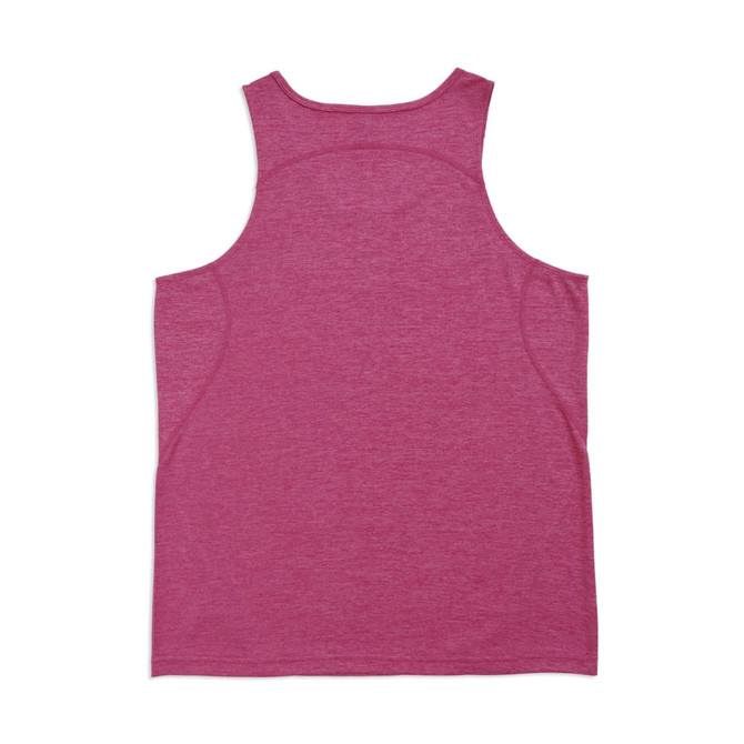A maroon singlet made of 100% polyester with a smooth back design and a branding logo.