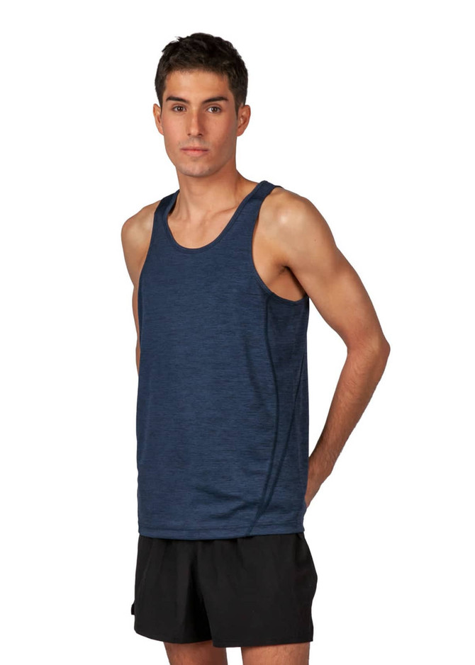 A navy blue men's singlet made from 100% polyester, featuring a logo on the front. The model is standing with a neutral expression.