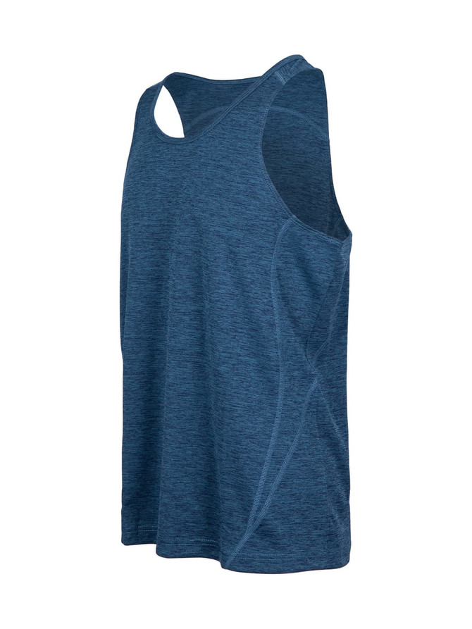 A blue men's singlet made from 100% polyester, featuring a sporty design and curved seams.