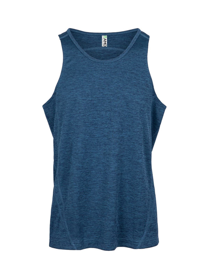 A blue, 100% polyester men's singlet with a split design and a small logo on the label.