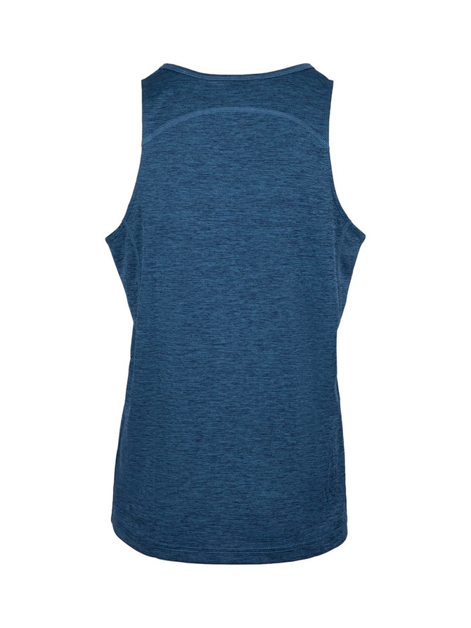 A blue men's singlet made from 100% polyester, featuring a back design and a branding logo.