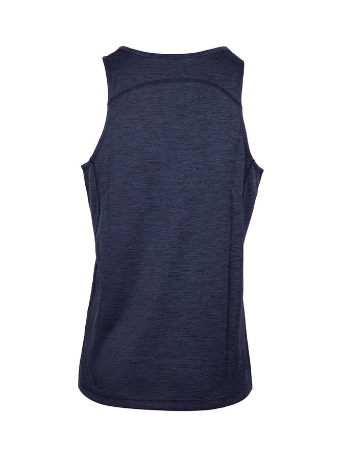A navy blue men's singlet made from 100% polyester, featuring a back design and a logo.