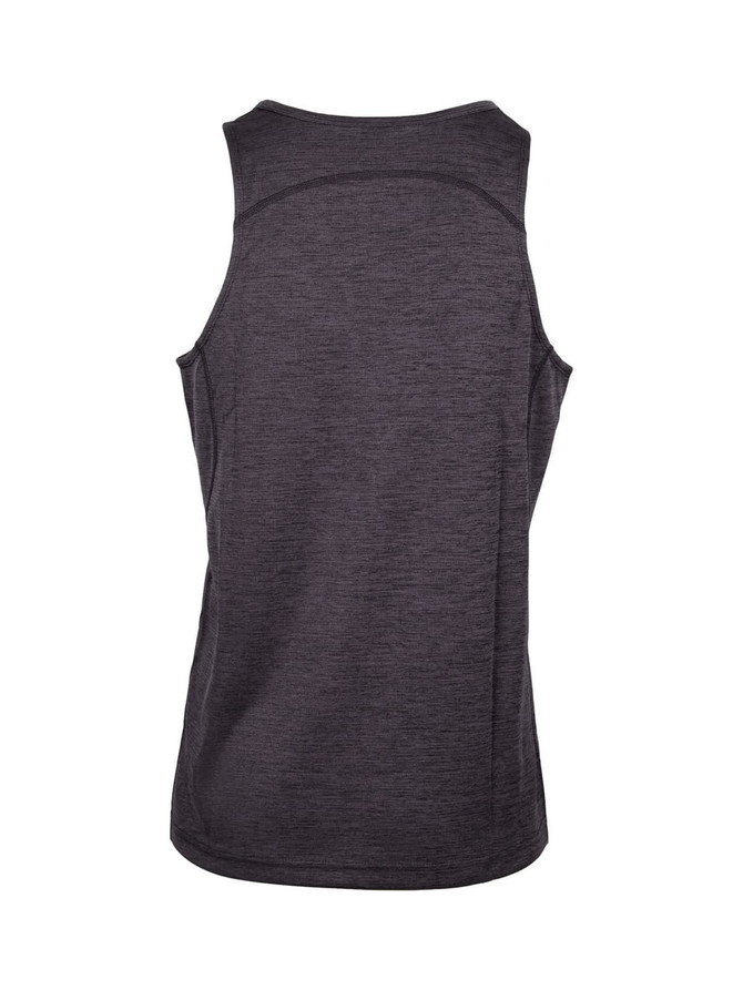 A grey men's singlet made of 100% polyester, featuring a rounded back design and a logo.