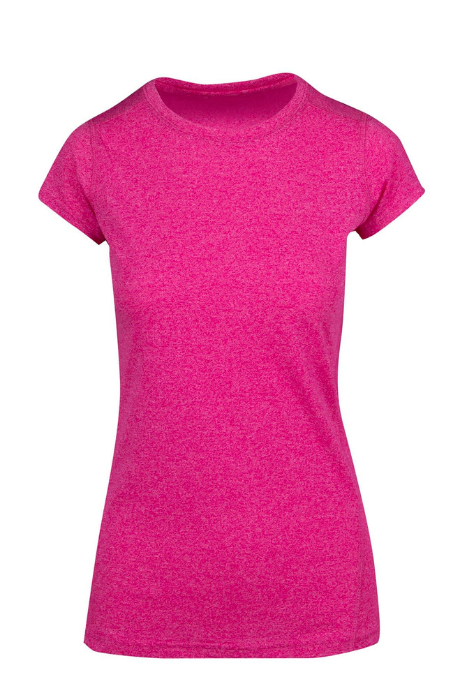 A pink athletic t-shirt with a classic crew neckline and short sleeves, featuring a logo.