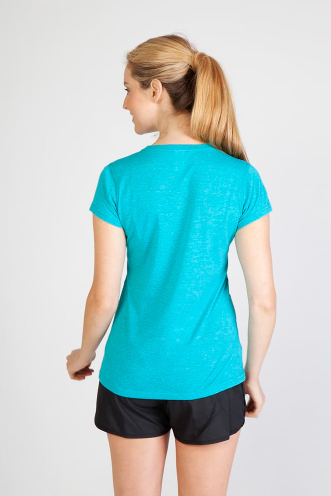 A women's athletic T-shirt in turquoise, featuring a fitted design and short sleeves, viewed from the back.