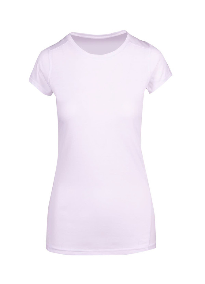 A women's athletic t-shirt in white, featuring a fitted design and short sleeves, with a logo on the front.