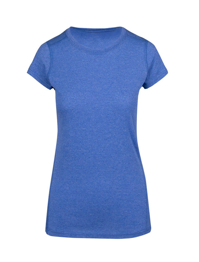 A blue women's athletic t-shirt with short sleeves and a round neckline. It features a branding logo.