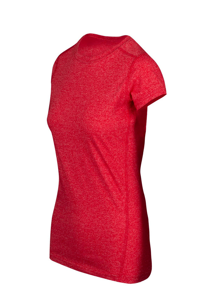 A red women's athletic t-shirt with short sleeves and a fitted design, featuring a logo.