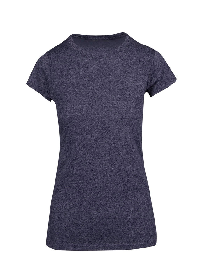 A navy blue women's athletic T-shirt with short sleeves and a fitted design. It features a branding logo.