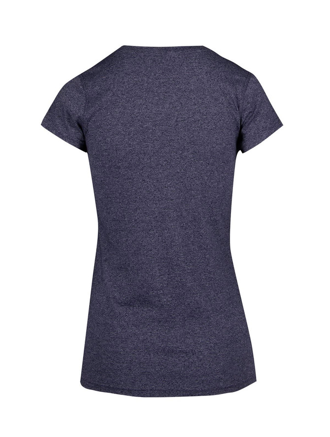 A dark grey women's athletic T-shirt with a fitted design and short sleeves. Features a logo on the back.