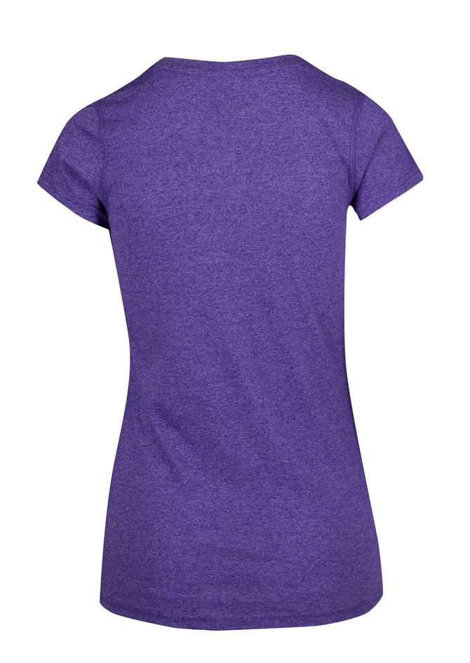 A purple women's athletic T-shirt with a fitted design and short sleeves, featuring a logo on the back.