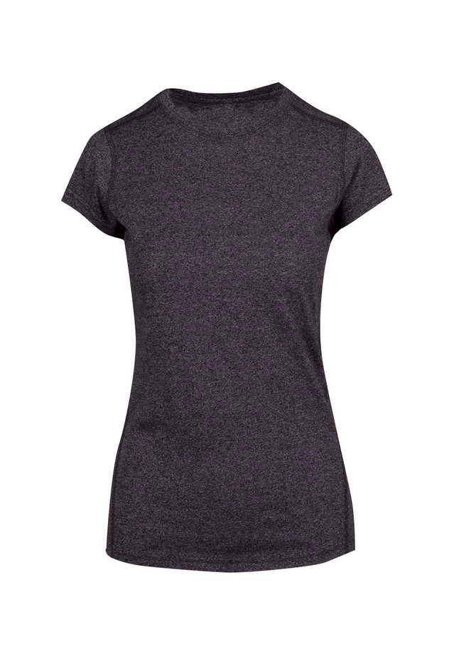 A women's athletic T-shirt in dark grey, featuring a fitted design and short sleeves. It has a logo on it.