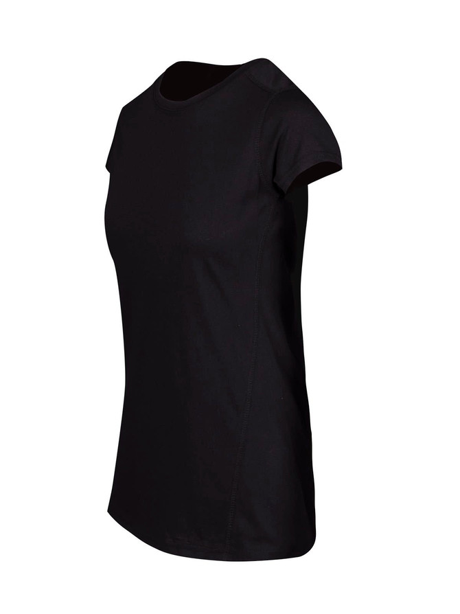 A black women's athletic T-shirt with short sleeves and a fitted design, featuring a logo.