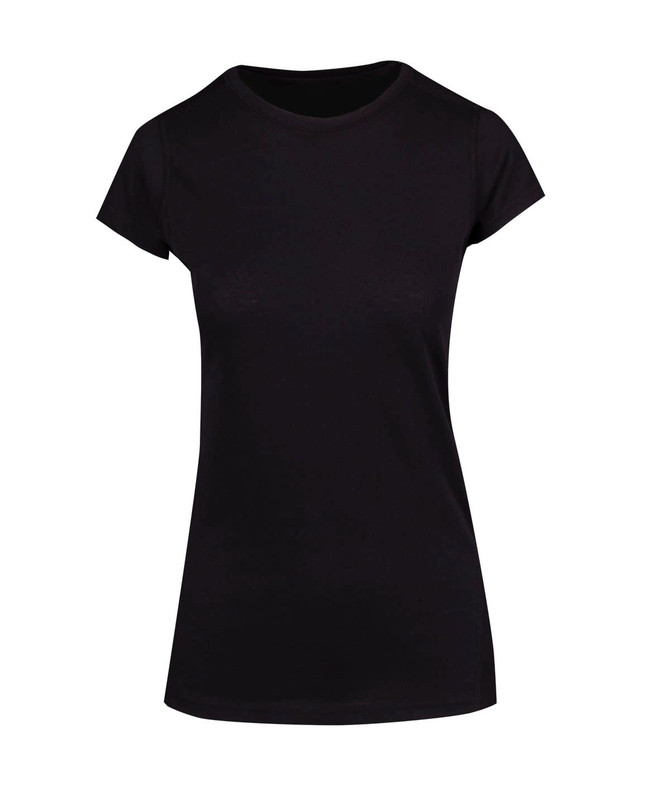 A black women's athletic T-shirt featuring short sleeves and a fitted style. It has a logo on it.