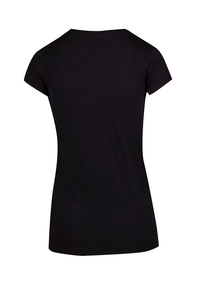 A black women's athletic T-shirt with a fitted design and short sleeves, featuring a simple back view.