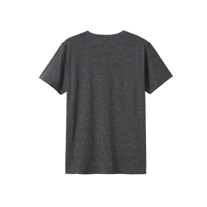 A grey heather t-shirt with short sleeves and a relaxed fit, featuring a logo on the back.