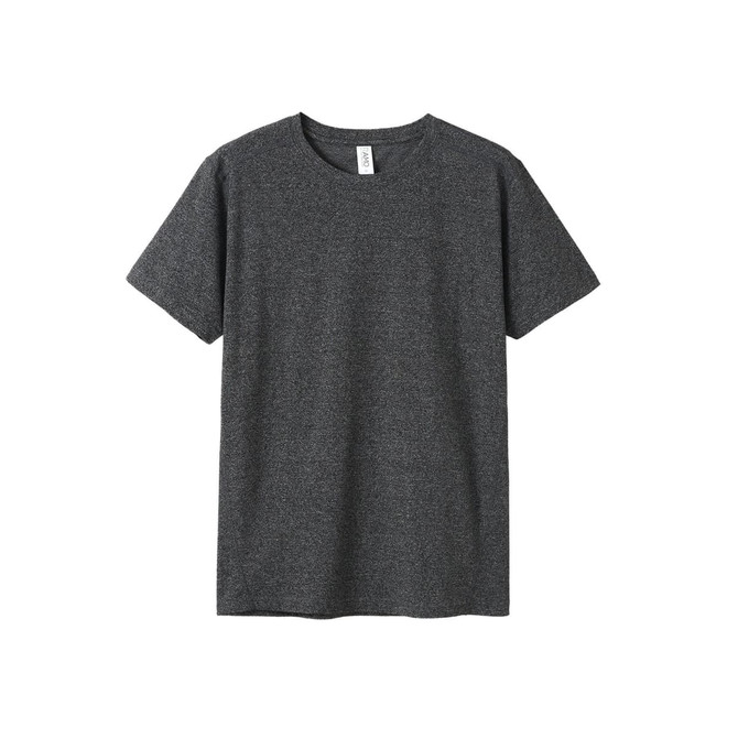 A grey heather t-shirt for men and unisex, featuring a simple design and a logo on the label.
