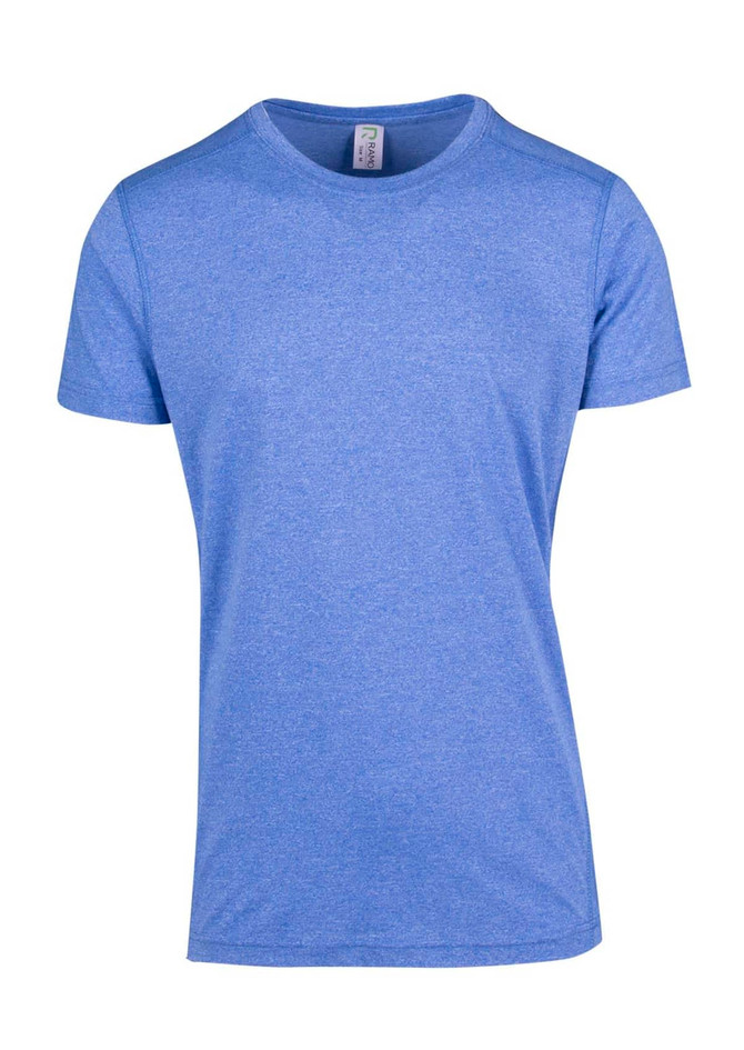 A blue heather T-shirt with a round neckline and short sleeves, featuring a logo.