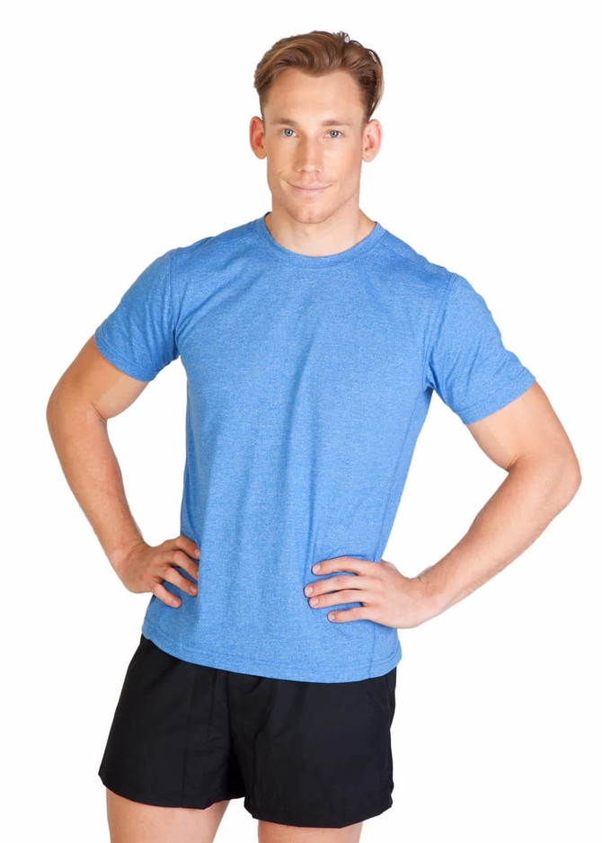 A blue heather T-shirt displayed on a model, paired with black shorts. The shirt has a logo on it.