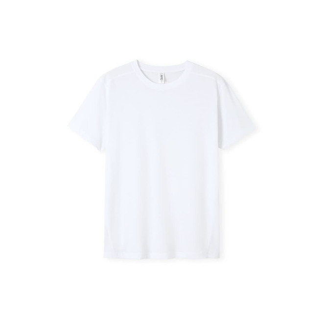 A plain white t-shirt with a crew neckline and short sleeves, featuring a branded label.