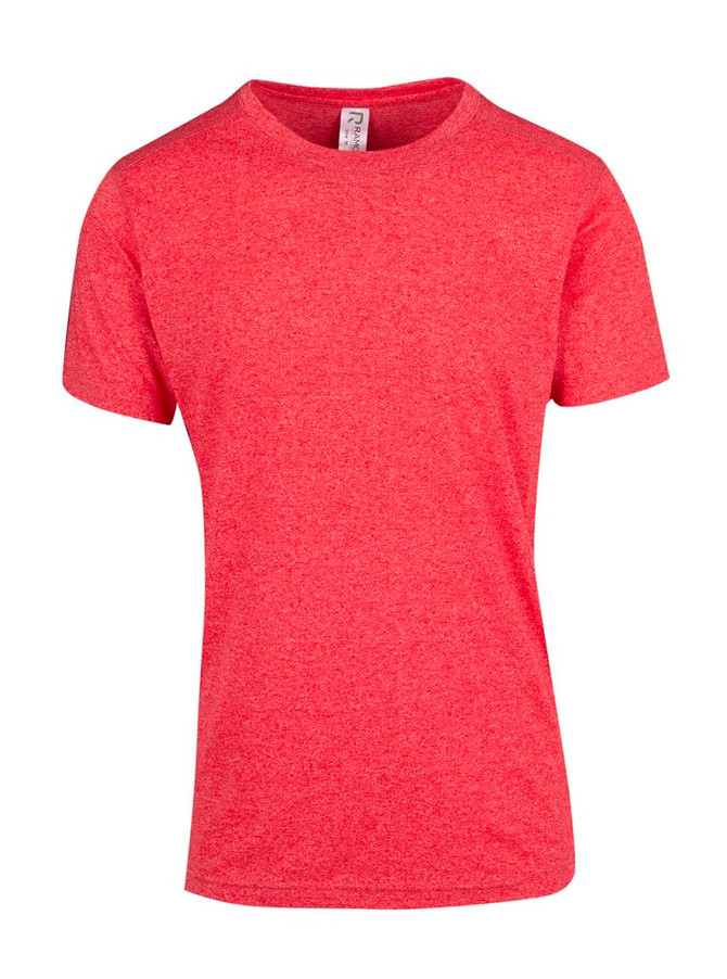 A red heather T-shirt with a round neckline and short sleeves. Features a logo on the label.