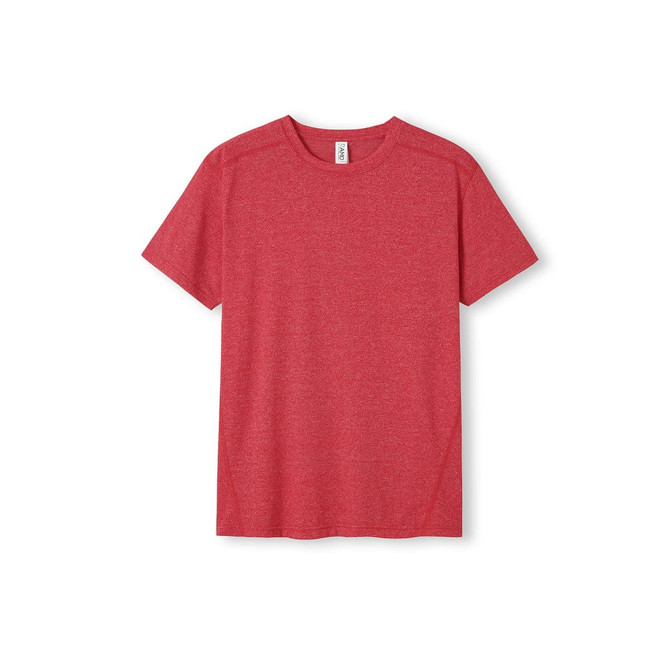 A red heather T-shirt with a round neckline and short sleeves. Features a logo on the label.