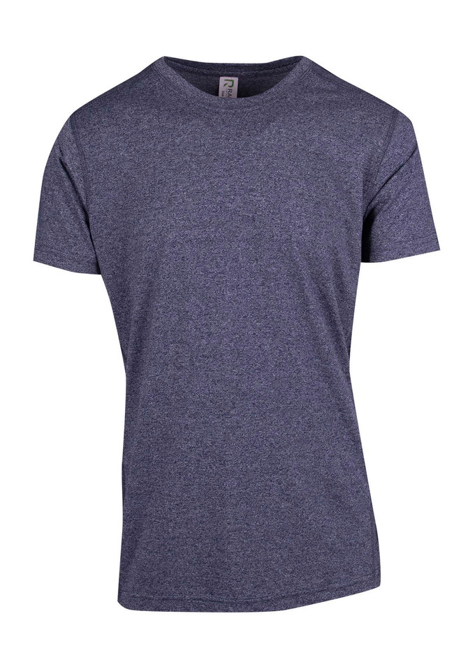 A navy heather t-shirt with a classic crew neck design. It features a small logo on the label.