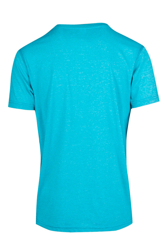 A turquoise heather T-shirt with short sleeves and a round neckline, featuring a logo on the back.