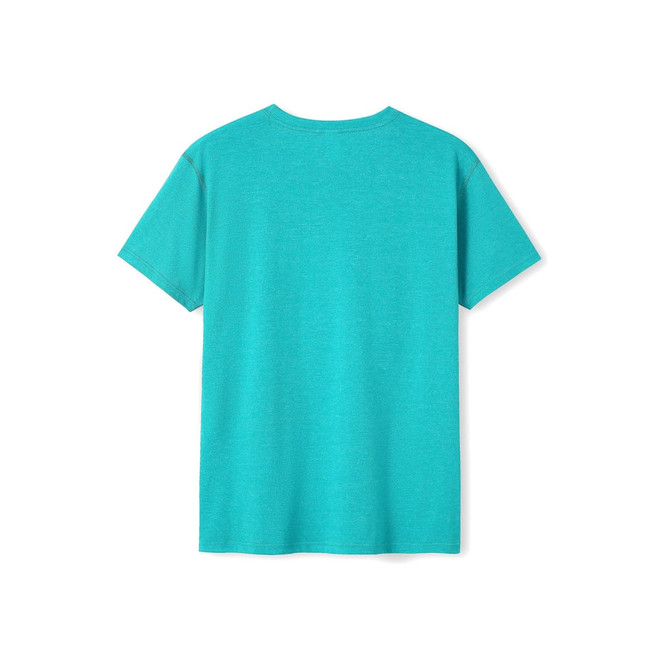 A turquoise heather T-shirt with short sleeves and a round neckline, featuring a logo on the back.