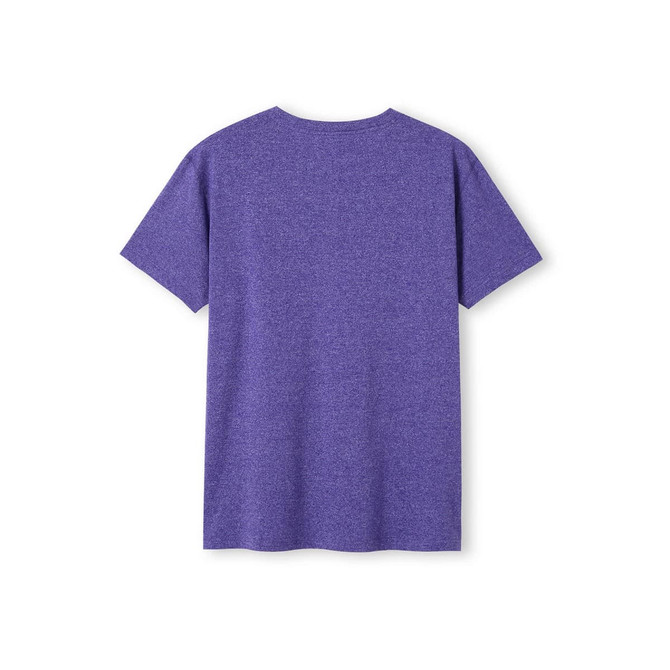 A heather purple unisex T-shirt with a round neckline and short sleeves, featuring a logo.