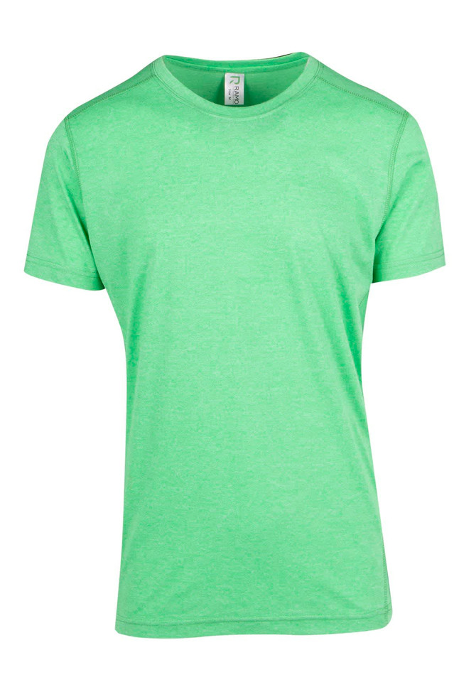 A green heather T-shirt with a classic crew neck and short sleeves, featuring a logo.