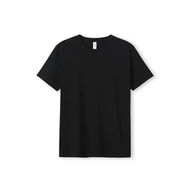 A black unisex T-shirt with a crew neckline and short sleeves. It has a branding logo on the label.