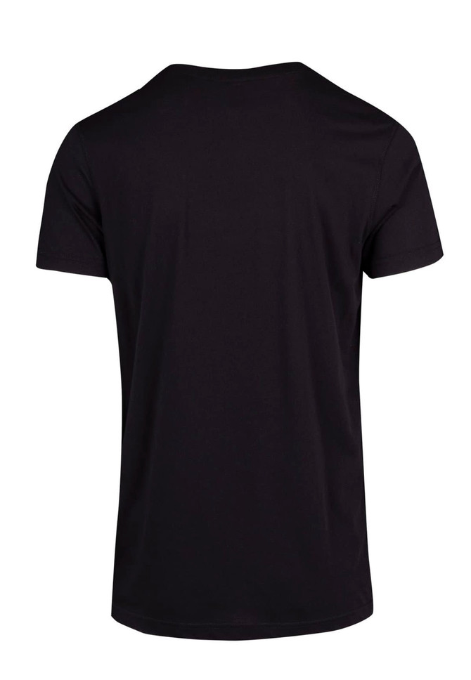 A black unisex T-shirt with a simple design and no visible logos or branding, viewed from the back.