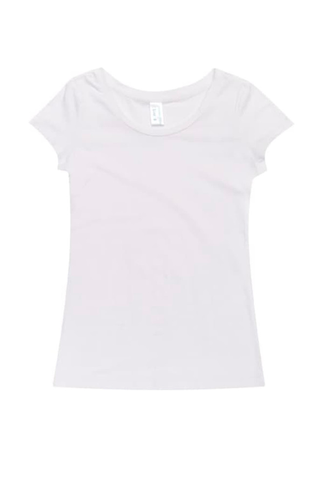 A white cotton/spandex women's T-shirt featuring a scoop neck and short sleeves, with a branding label.