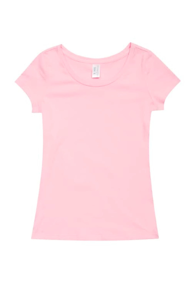 A pink women's cotton/spandex T-shirt with a scoop neckline and short sleeves. It has a tag inside.