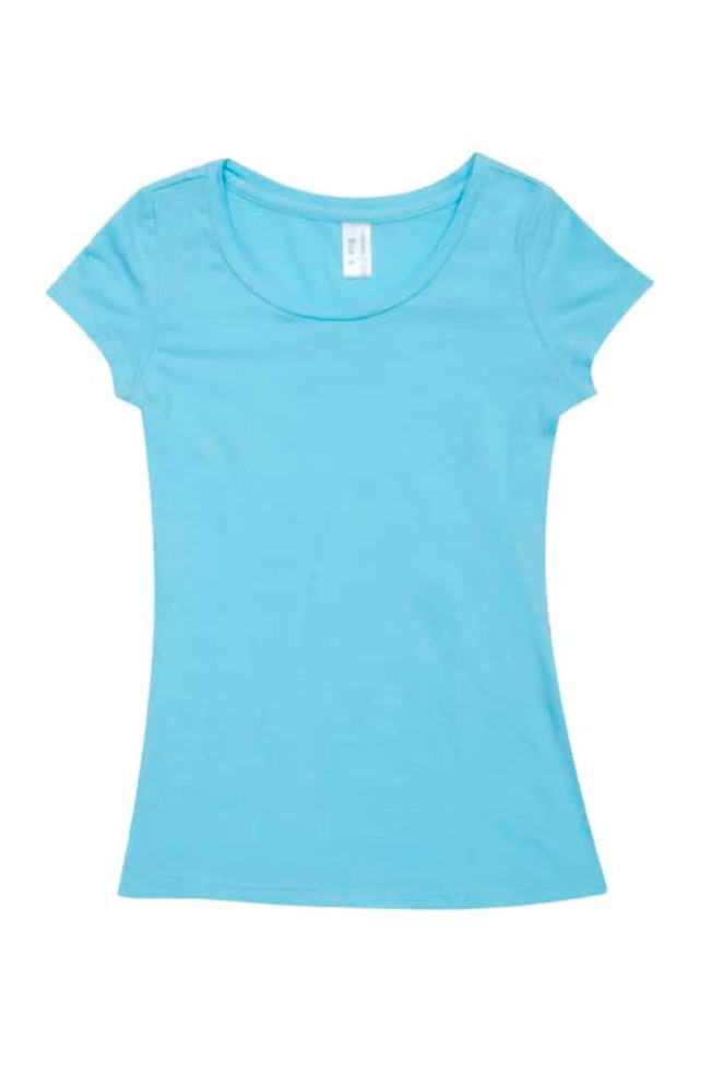 A light blue women's cotton/spandex T-shirt with a scoop neckline and short sleeves. It features a logo label.
