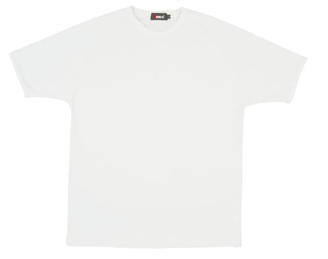 A white men's spandex T-shirt with a round neck and short sleeves, featuring a logo on the tag.