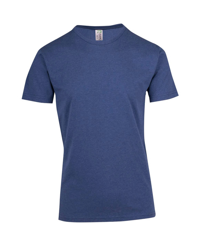 A navy blue men's heavy marl T-shirt with a round neck and short sleeves, featuring a logo on the label.