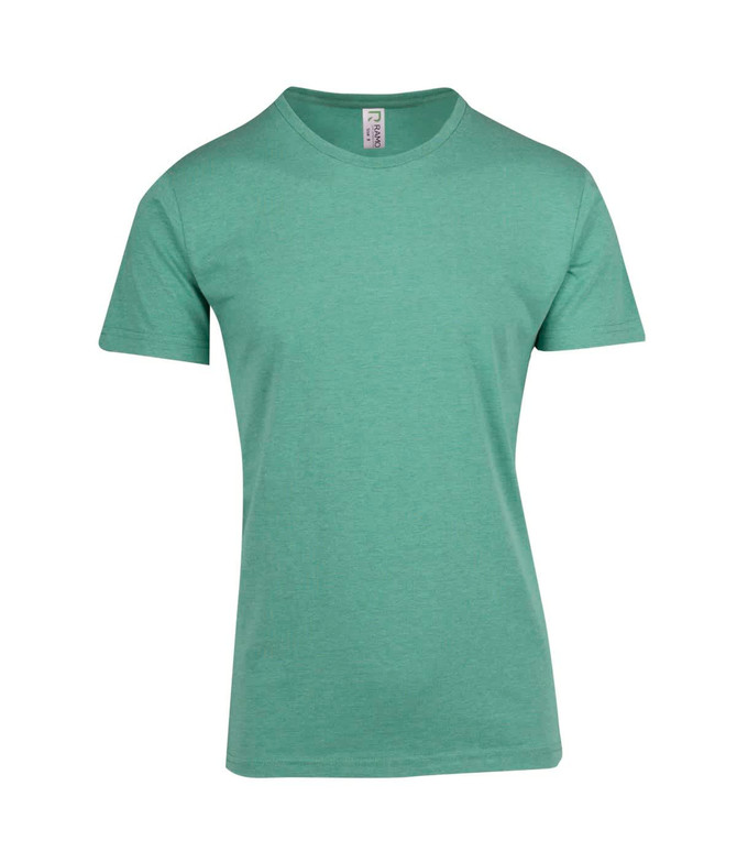 A green heavy marl T-shirt with a round neckline and short sleeves, featuring a label inside.