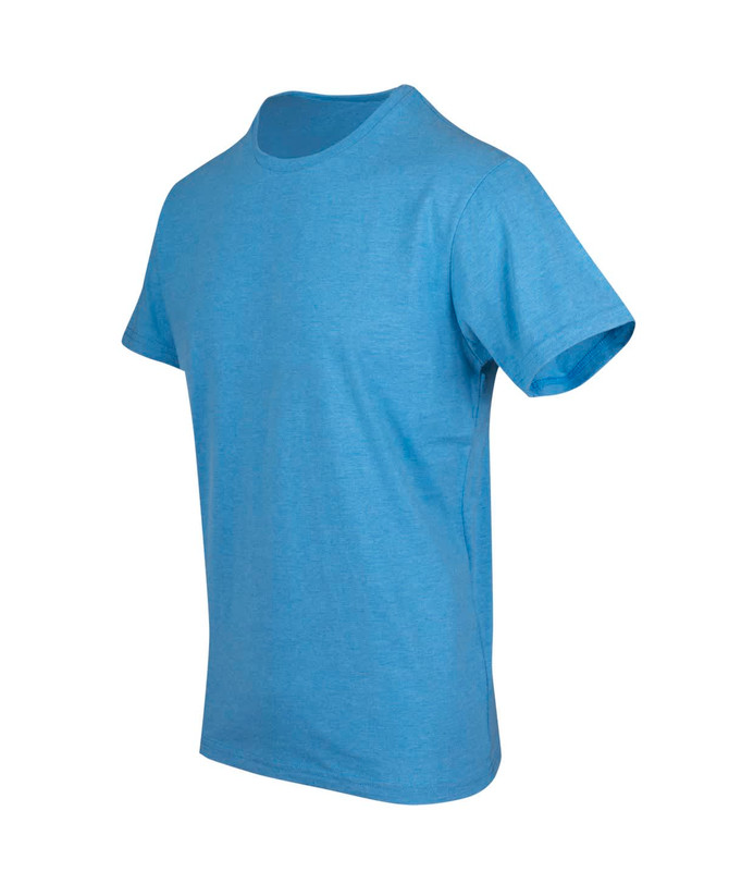 A blue heavy marl T-shirt with short sleeves and a rounded neckline, featuring a logo.
