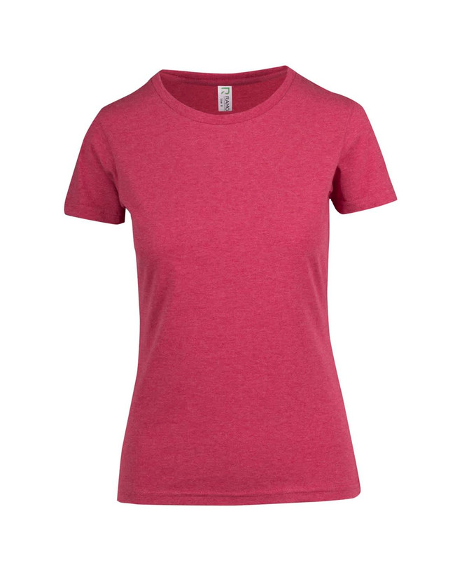 A women's T-shirt in a marled pink colour, featuring a round neck and short sleeves. It includes a logo.