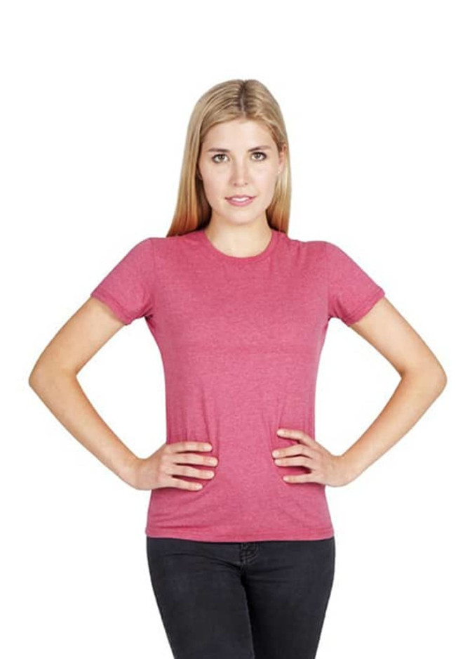 A pink marl women's t-shirt with short sleeves displayed on a model. The shirt has a logo on it.