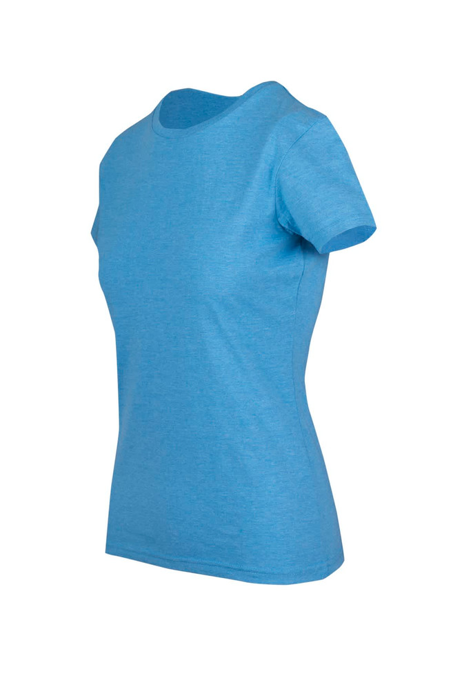 A women's short-sleeve t-shirt in a light blue marl colour with a fitted shape. Features a logo on the label.
