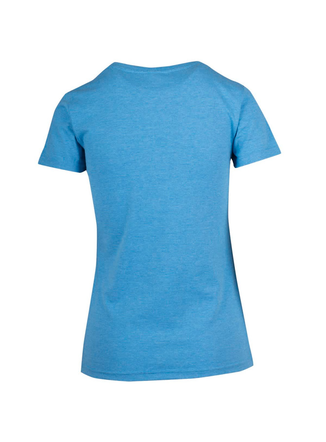 A women's short-sleeve T-shirt in a light blue marl colour with a rounded neckline and a logo on the back.
