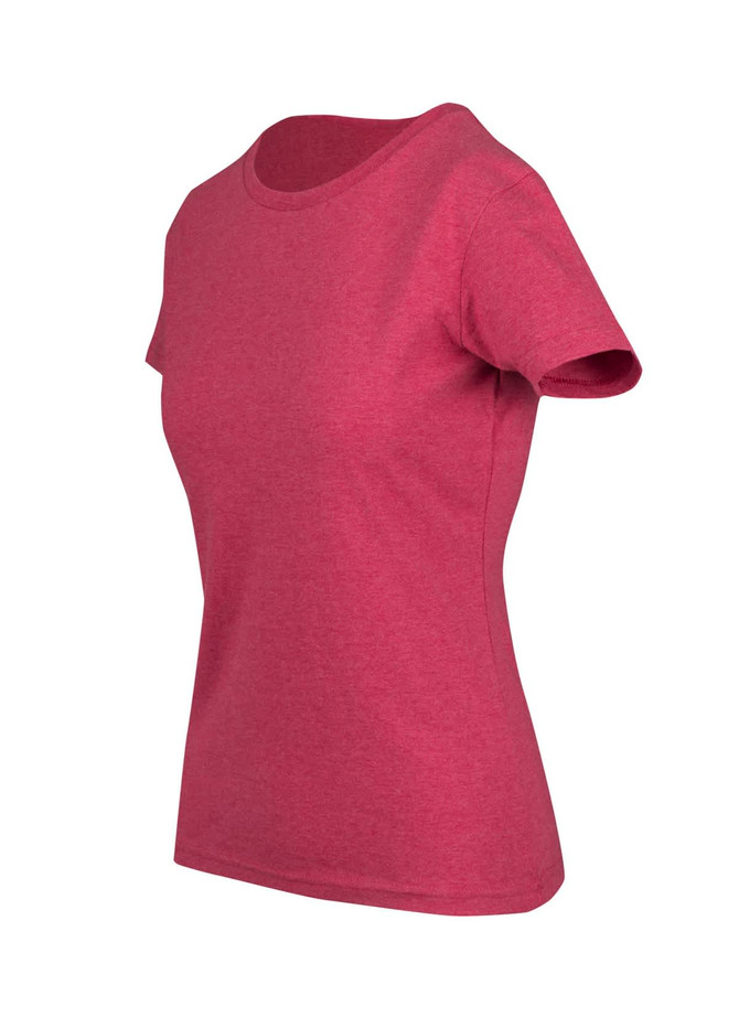 A women's maroon marl T-shirt with a classic crew neckline and short sleeves. It features a logo on the fabric.