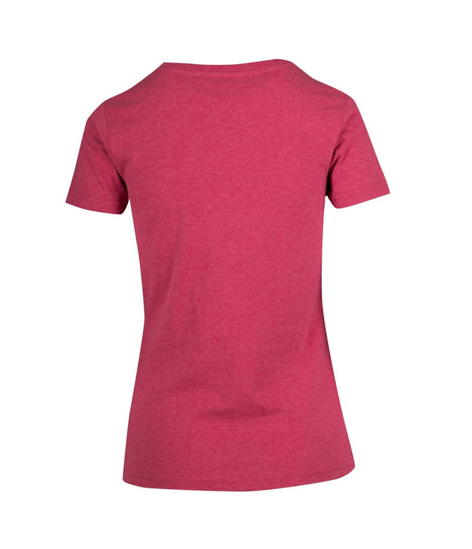 A maroon women's t-shirt featuring a classic crew neck and short sleeves, with a logo on the back.